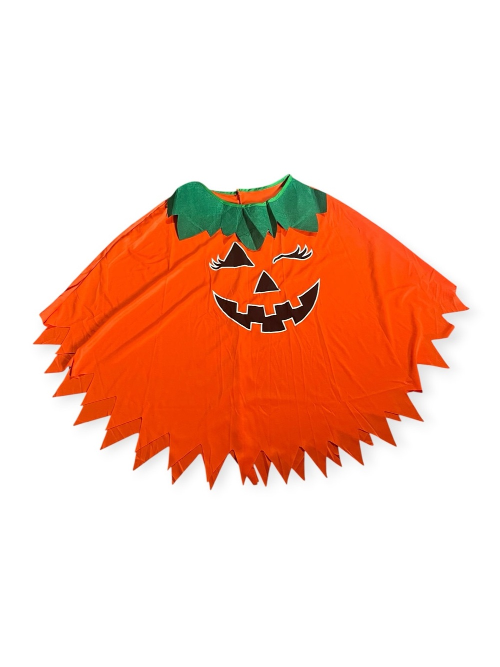 Women Orange Pumpkin Poncho Costume with Green Leaf Collar One Size